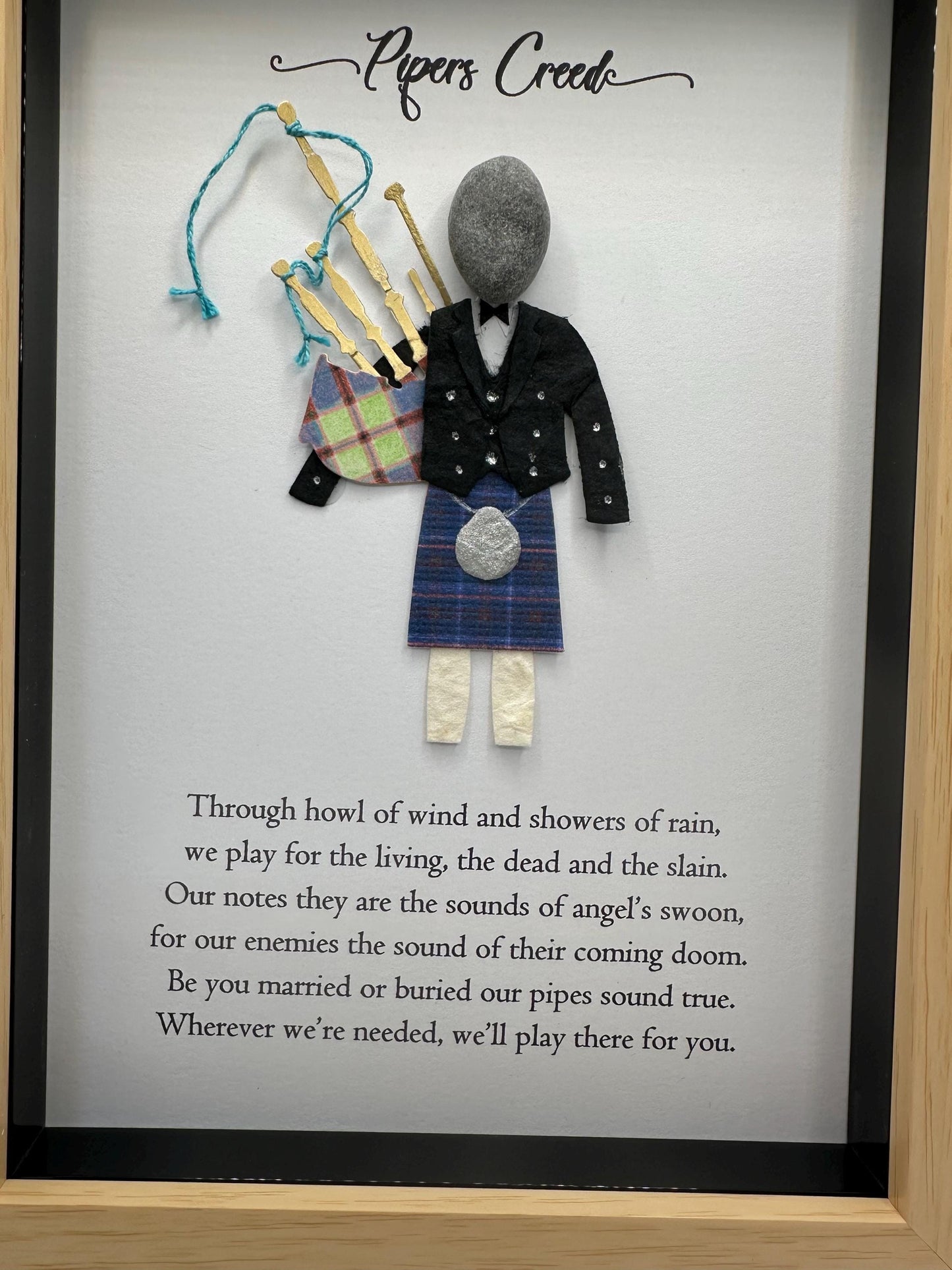 Scottish Piper Pebble Art: Kilted Bagpiper with Piper's Creed