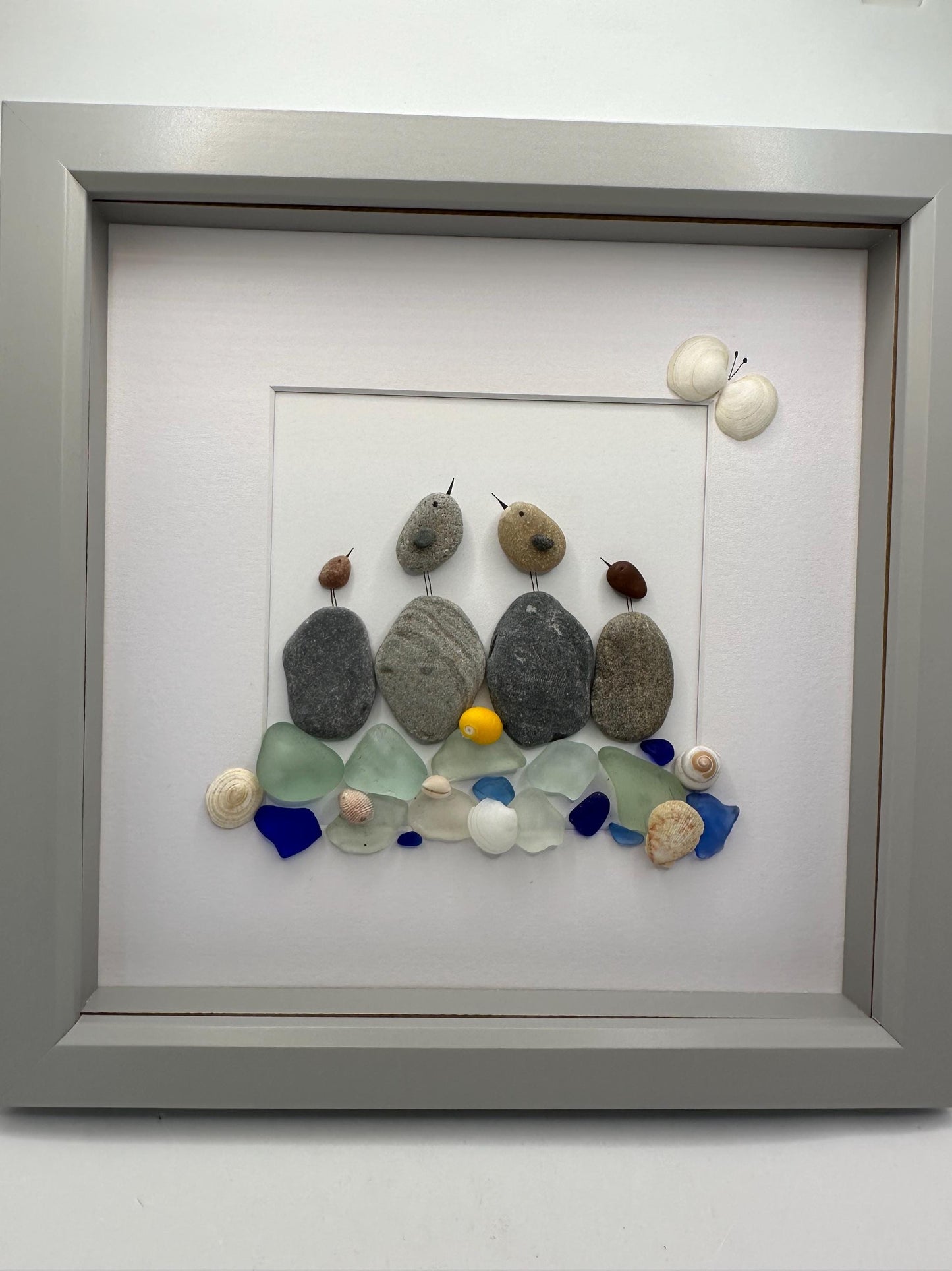 pebble art birds, birds pebble art, pebble art, sea glass pebble art, seaglass art, blue sea glass, bird art, framed art