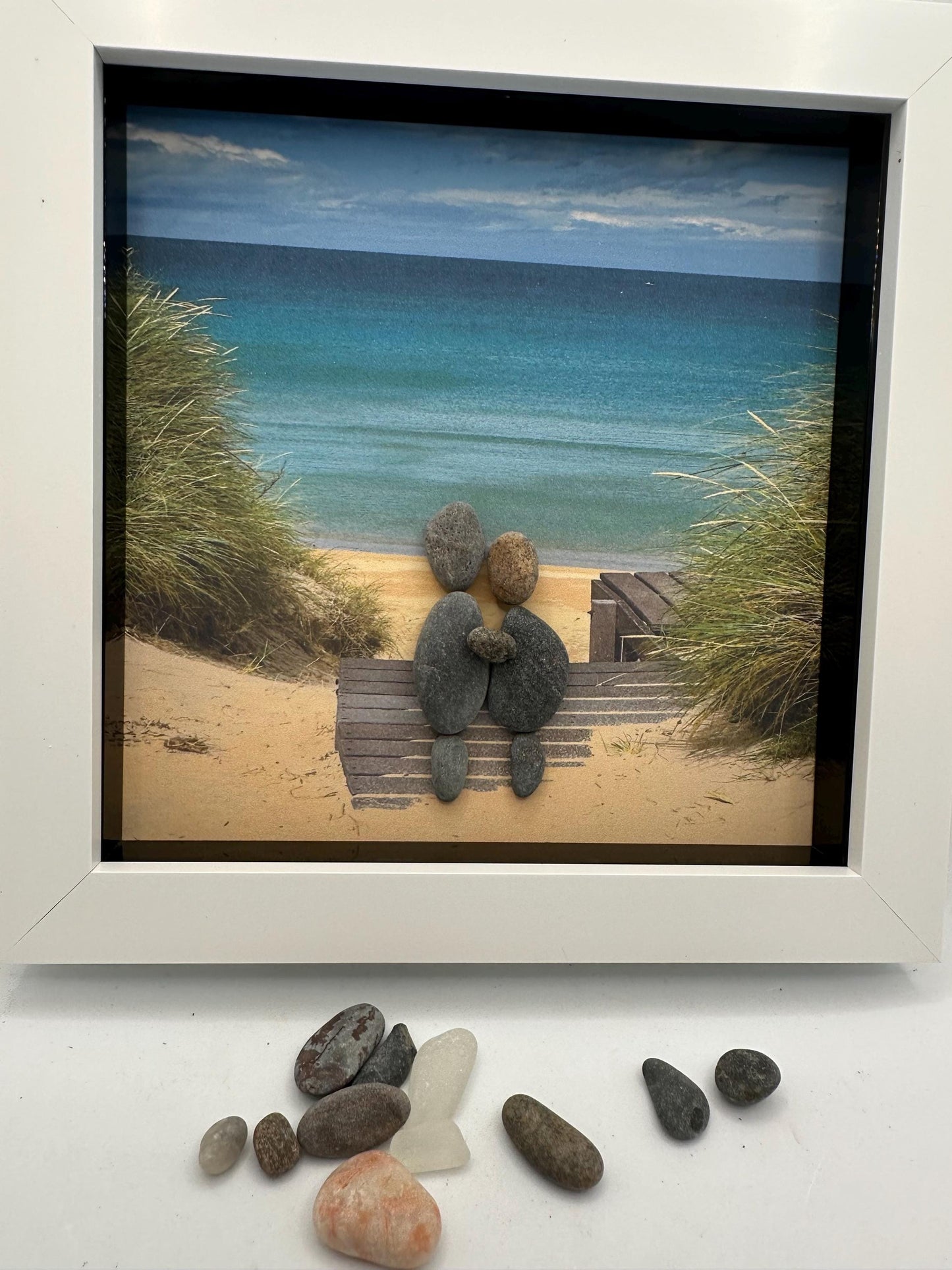 Pebble Art Beach Scene, Couple on Scottish Beach, 6x6 Framed, beach framed pebble art, beach couple. Pebble art beach. Pebble art, beach