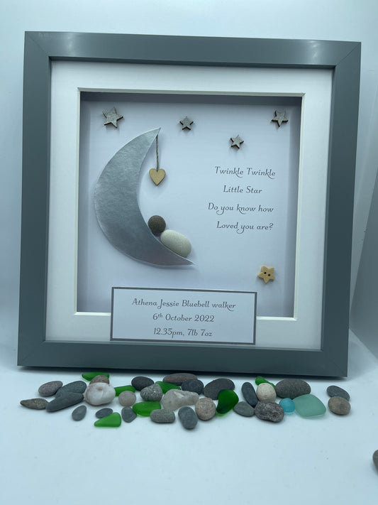 Personalised New Baby Pebble Art, Moon & Stars, new baby gift, new baby pebble art, pebble art new baby, new baby. Pebble art, baby gifts
