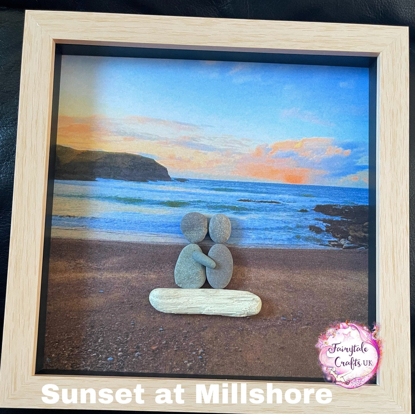 Millshore Beach Pebble Art: Sunset Couple pebble art, beach pebble art, sunset beach pebble art, pebble art, beach framed art