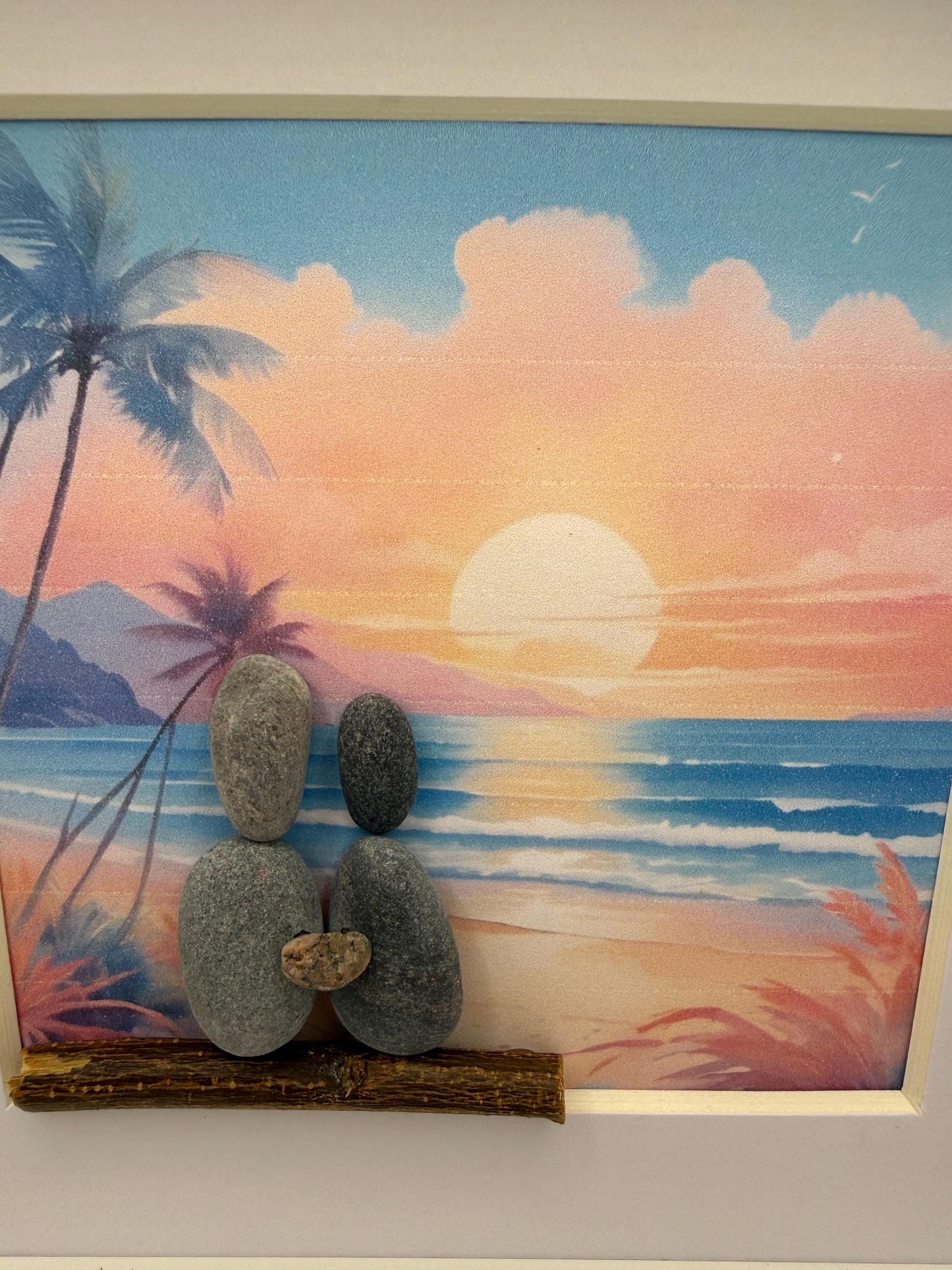 Beach pebble art, pebble art beach, pebble art, pebble art couple, tropical beach scene art