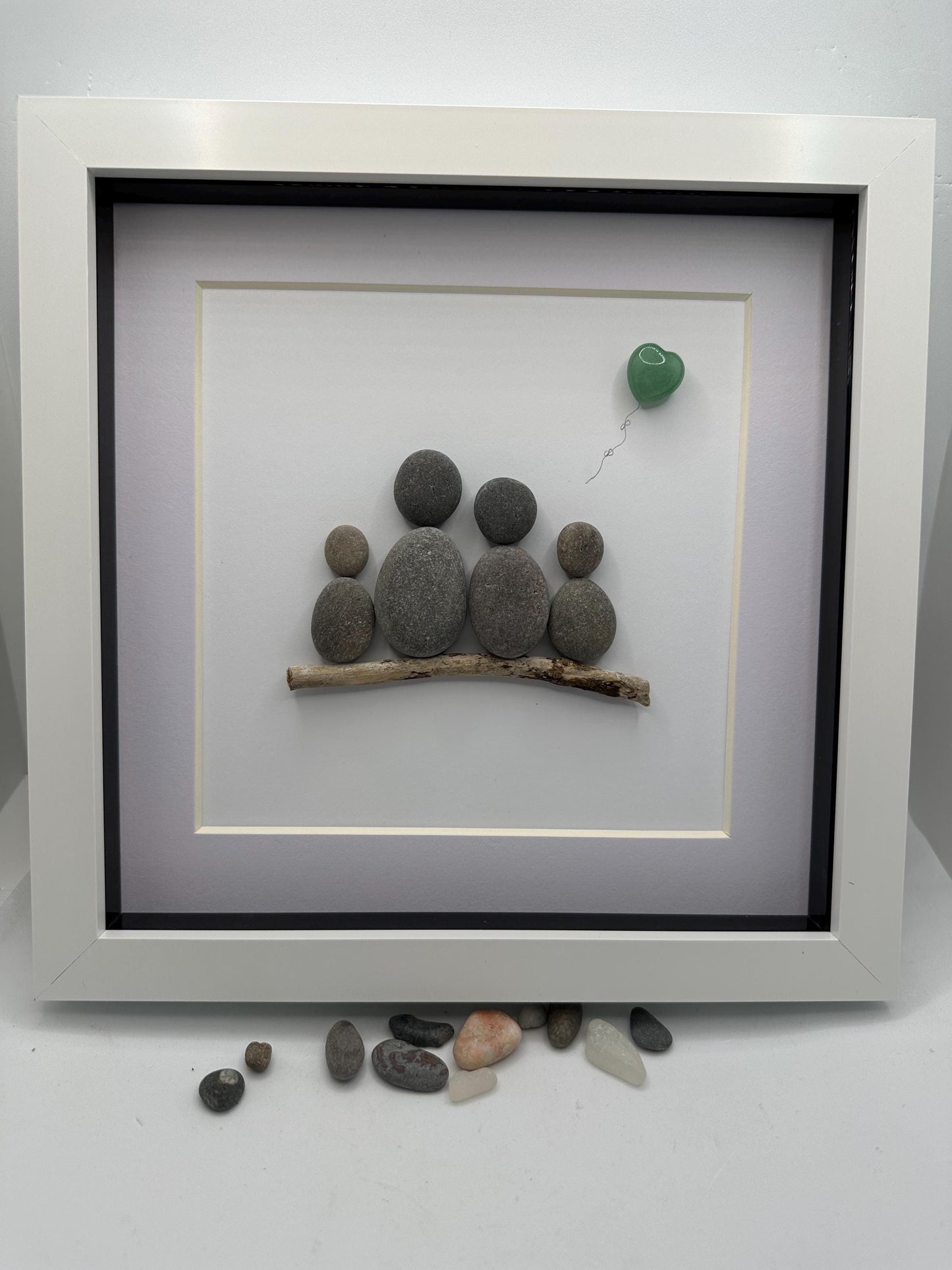 Pebble Art Family of Four, Driftwood and Quartz Heart, Framed, pebble art family, family pebble art, pebble art, pebble art gift, pebble art