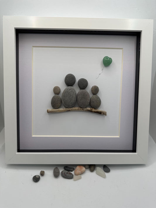 Pebble Art Family of Four, Driftwood and Quartz Heart, Framed, pebble art family, family pebble art, pebble art, pebble art gift, pebble art