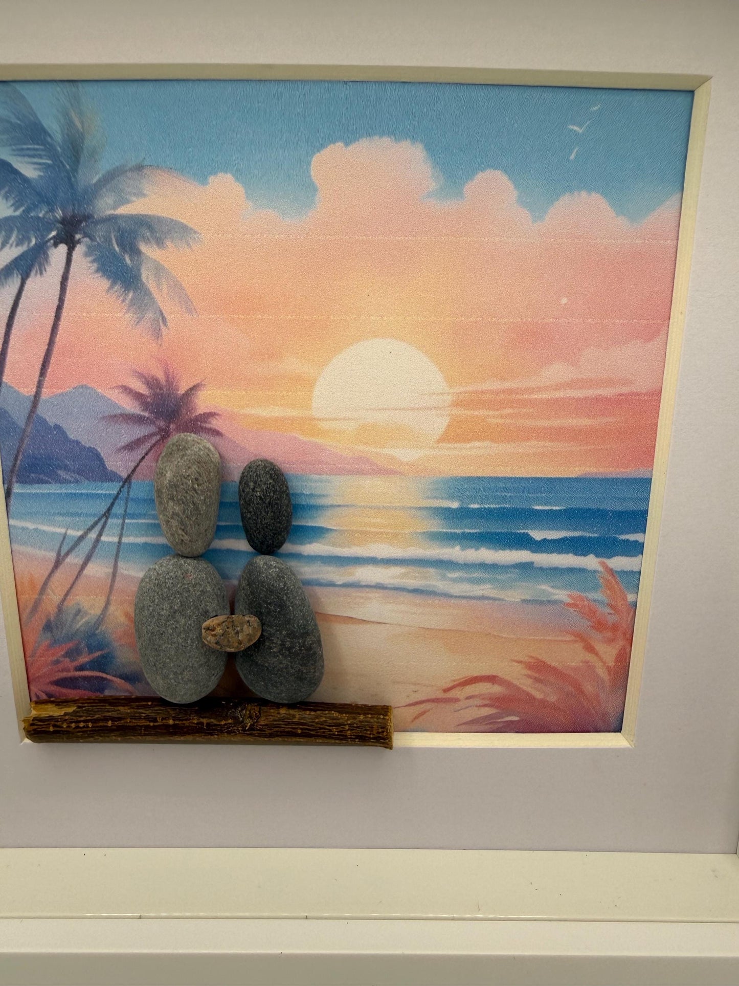 Beach pebble art, pebble art beach, pebble art, pebble art couple, tropical beach scene art