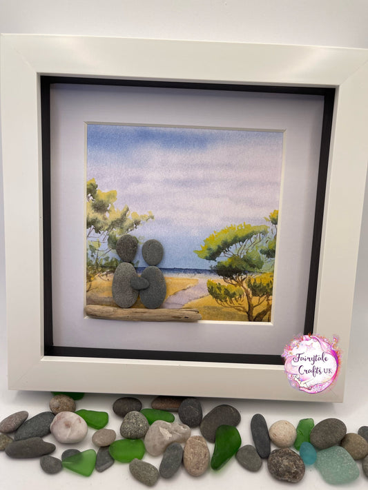 Pebble Art Couple on Beach, Framed Seaside Scene, pebble art gift, pebble art beach, beach couple pebble art, couple pebble art, pebble art