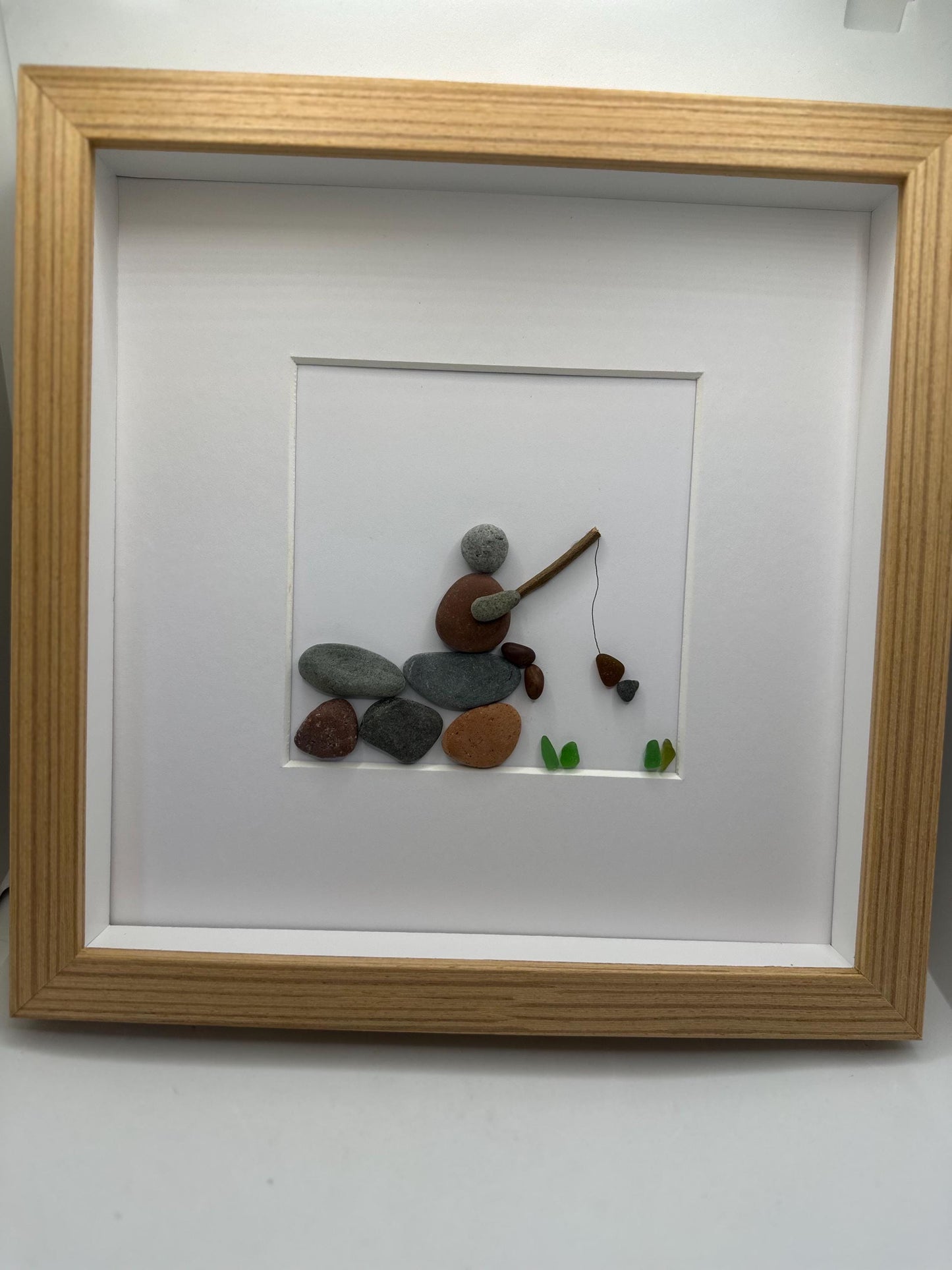 Fisherman Pebble Art, Wood Veneer Frame, Father's Day Gift, pebble art fisherman, fishing pebble art, pebble art, pebble art gift