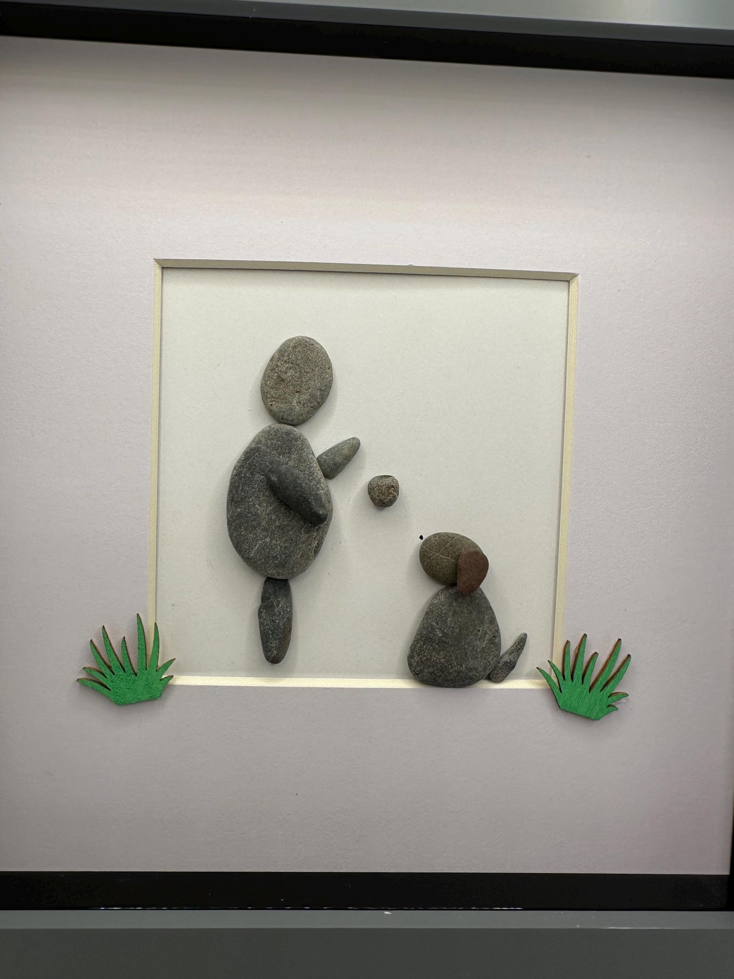 Dog pebble art, dog owner pebble art, pebble art, dog and man pebble art