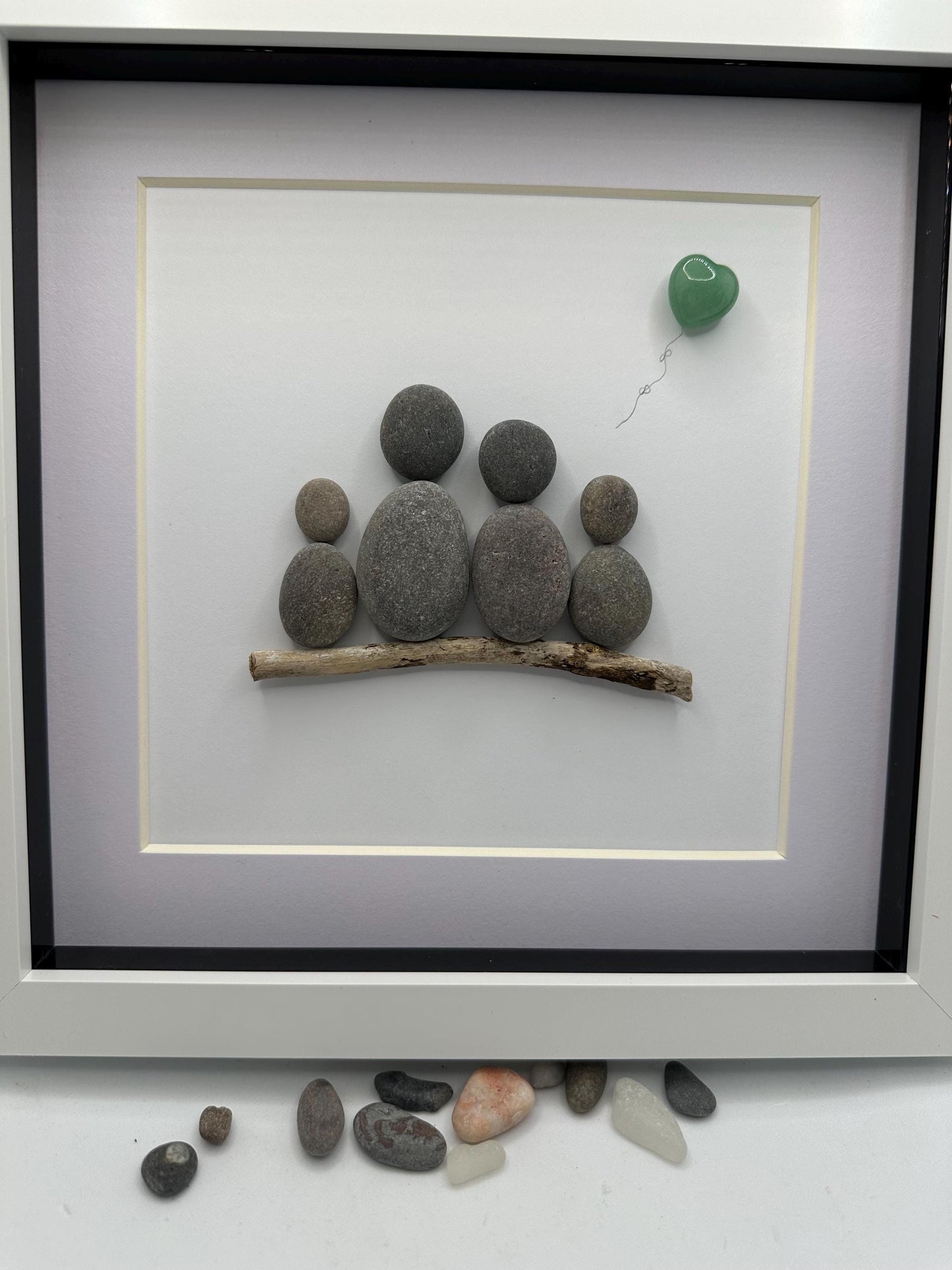 Pebble Art Family of Four, Driftwood and Quartz Heart, Framed, pebble art family, family pebble art, pebble art, pebble art gift, pebble art