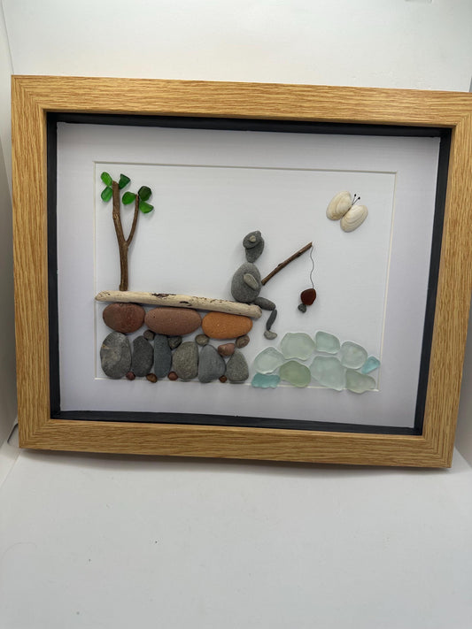 fishing pebble art, fisherman pebble art, gone fishing, pebble art, Father’s Day pebble art