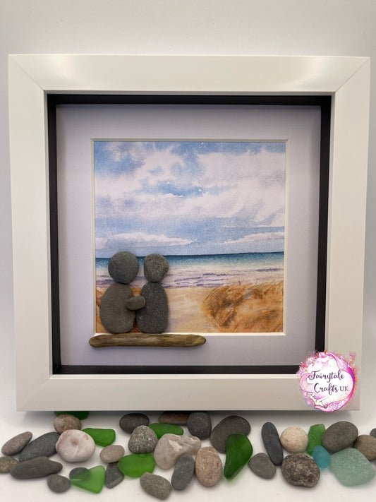 Beach Pebble Art: Seaside Couple on Bench (6x6” Frame)