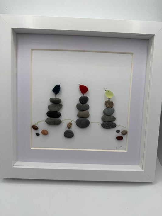 Seaglass Bird Pebble Art, Rare Red Teal Glass, Framed Scottish Coastal Art