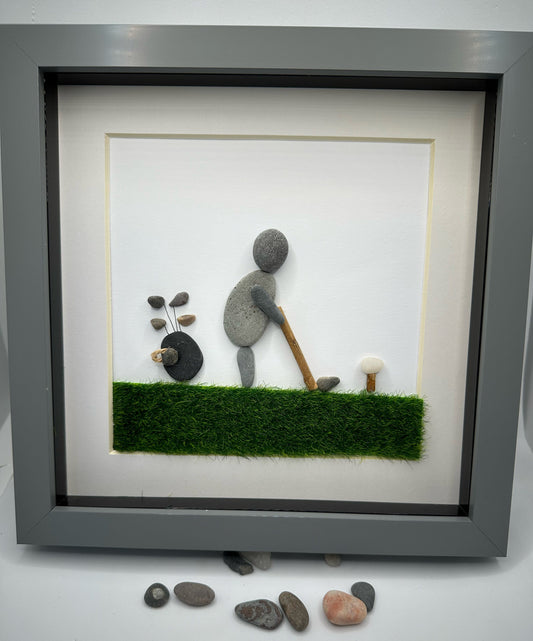 Golf Pebble Art, Golfer Gift, Framed Pebble Artwork, pebble art, pebble art golf, dad golfer, can be personalised, pebble art frame, framed