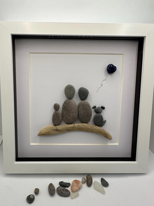 Pebble Art Family Portrait with dog, family of three pebble art, pebble art family, dog pebble art, family gift, family portrait, pebble art