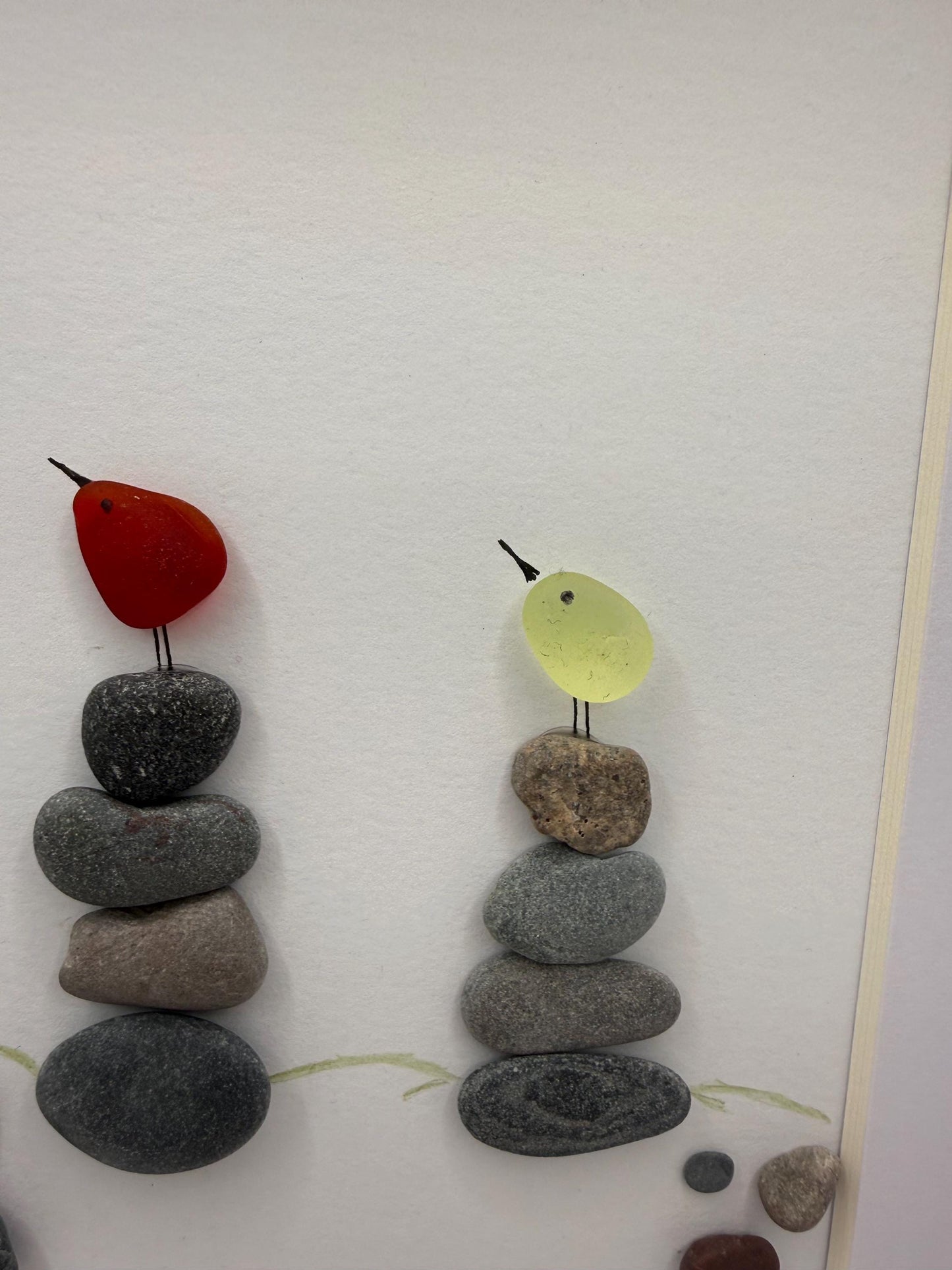 Seaglass Bird Pebble Art, Rare Red Teal Glass, Framed Scottish Coastal Art