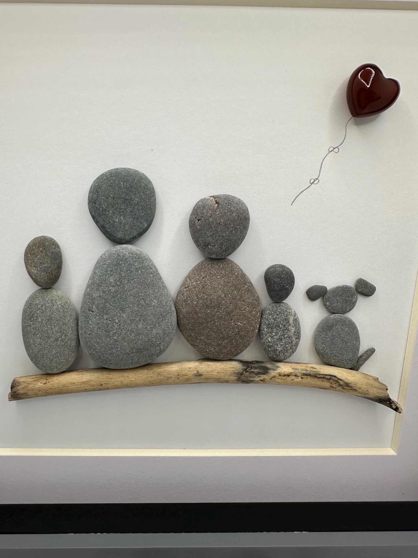 Pebble Art Family Portrait: Four People and Dog, Red Heart Balloon