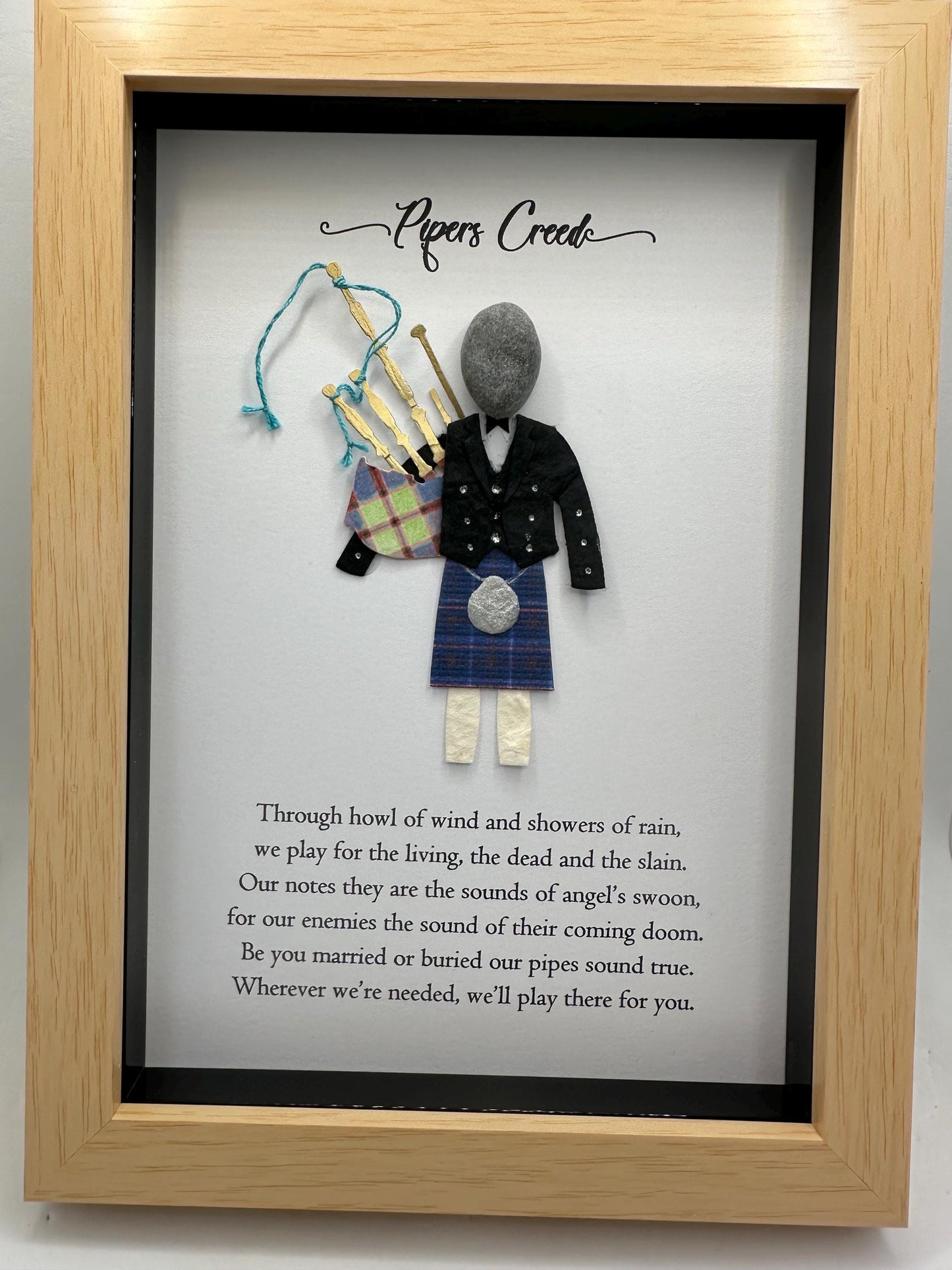 Scottish Piper Pebble Art: Kilted Bagpiper with Piper's Creed