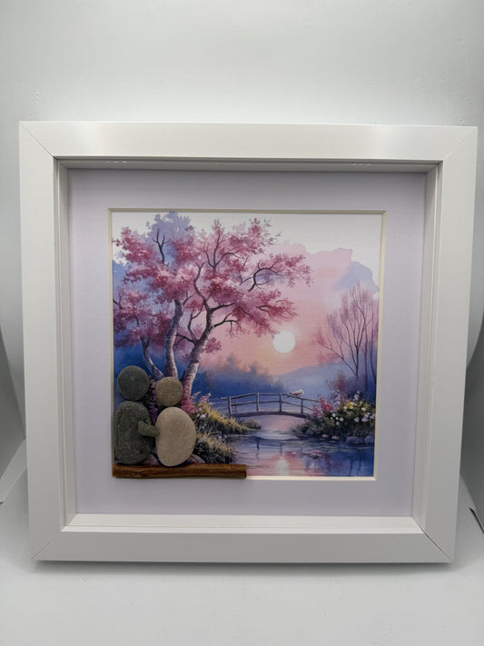 Cherry blossom lake scene pebble art, pebble art scene, pebble art couple, pebble art