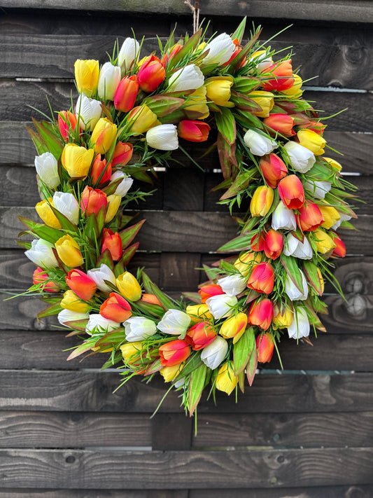 Spring Tulip Wreath – Colorful Front Door Wreath, Yellow Orange White Tulips, Easter & Summer Floral Decor, Farmhouse Wall Wreath