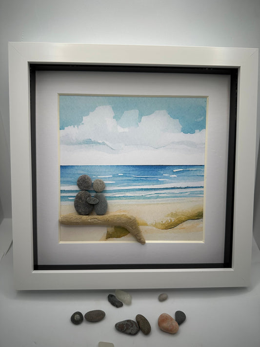 Pebble Art Beach Scene: Scottish Beach Stone Couple, pebble art, pebble art beach, pebble art, framed beach, pebble art beach, coastal art