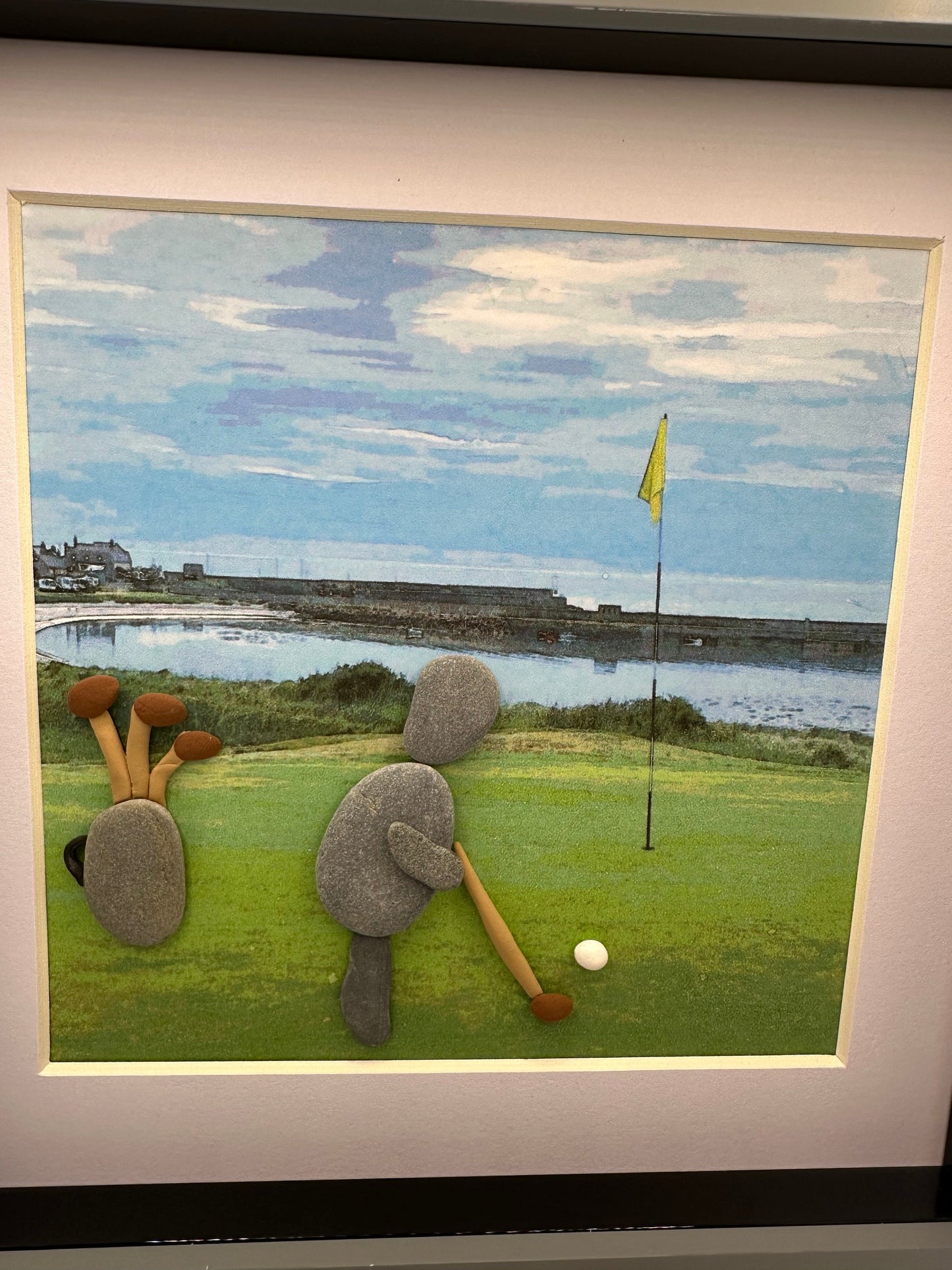 golf pebble art, golfer, Rosehearty golf course, pebble art golf, Aberdeenshire golf, golf gift, pebble art, framed dad gift, framed golfer