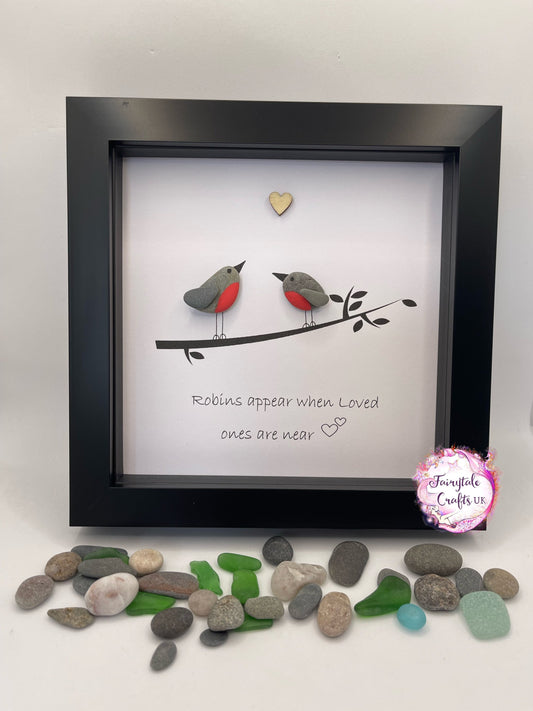 Robins appear when loved ones are near, 6x6” frame,pebble art, robin pebble art, rock art, made in Scotland