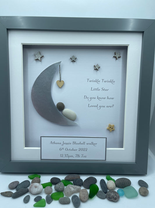 Personalised New Baby Pebble Art, Moon & Stars, new baby gift, new baby pebble art, pebble art new baby, new baby. Pebble art, baby gifts