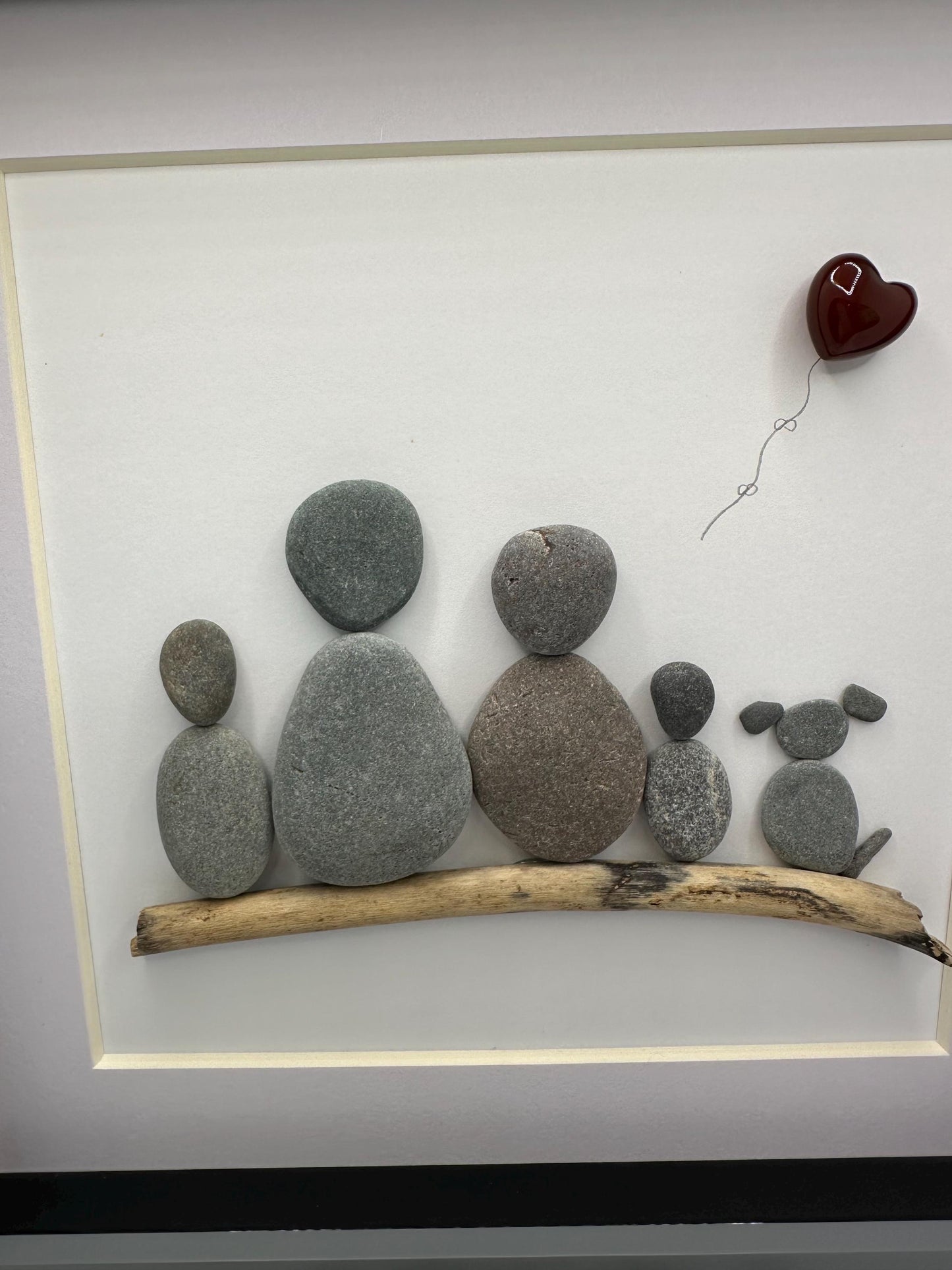 Pebble Art Family Portrait: Four People and Dog, Red Heart Balloon