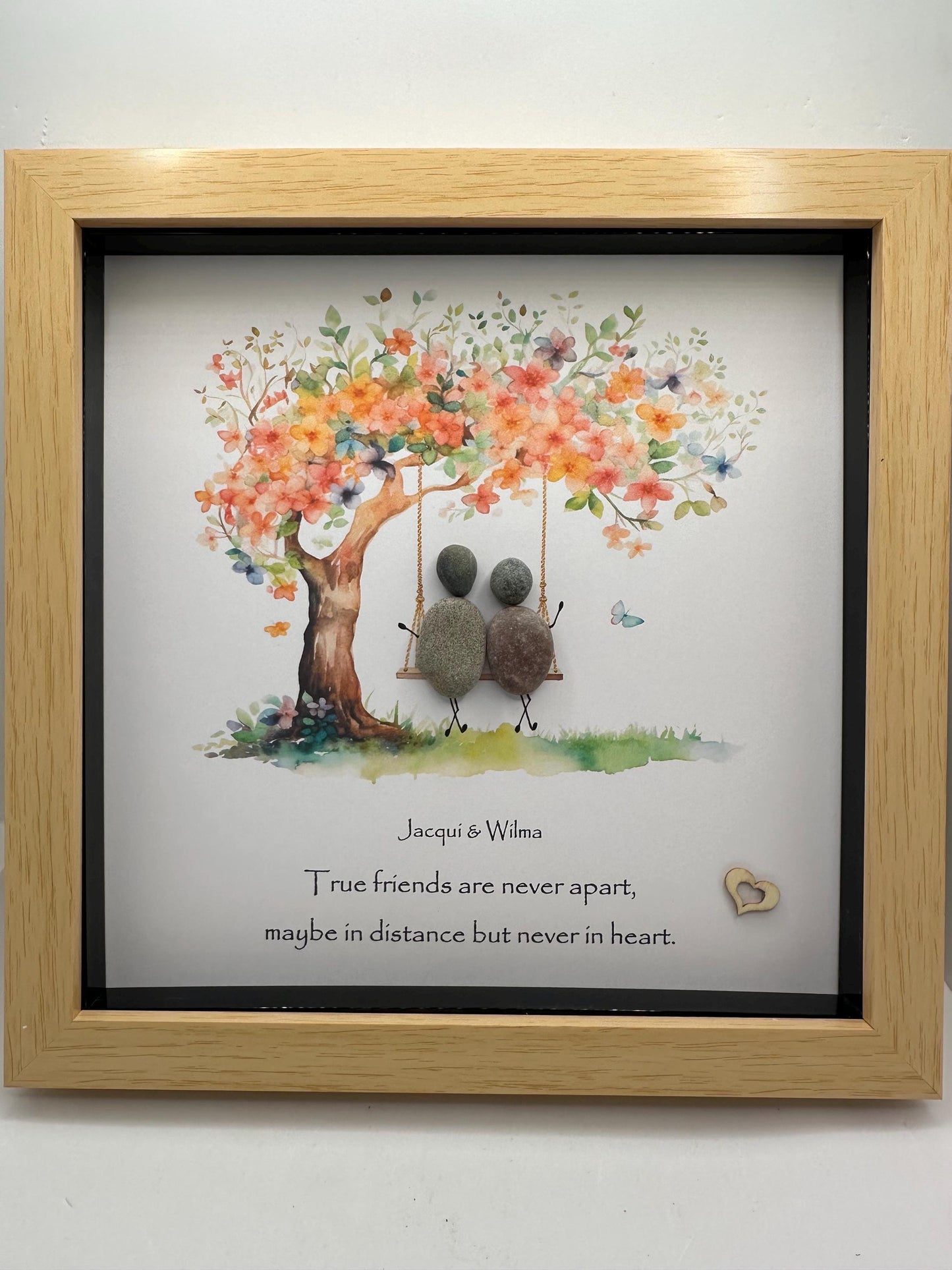 Personalised Friend Pebble Art - Friends on Swing - framed friend pebble art, pebble art friends, friends on swing, friend pebble art quote,