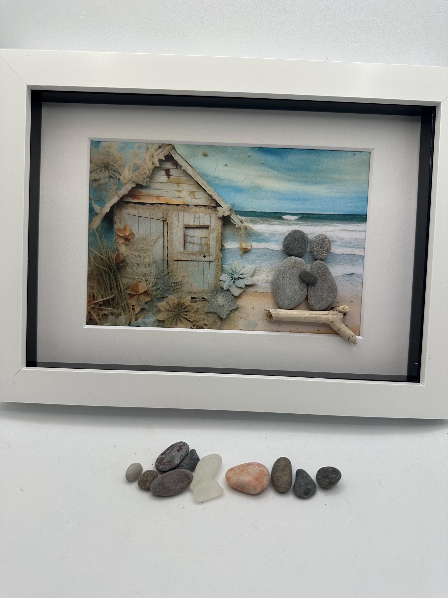 Beach hut scene pebble art, pebble art beach, couple pebble art, pebble art