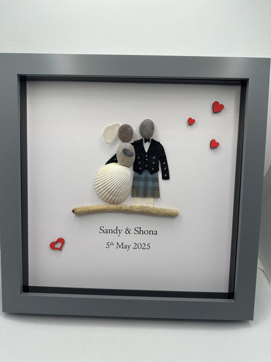 bride and groom frame, pebble art wedding gift, wedding gift, Scottish kilt, wedding pebble art, bride & groom pebble art