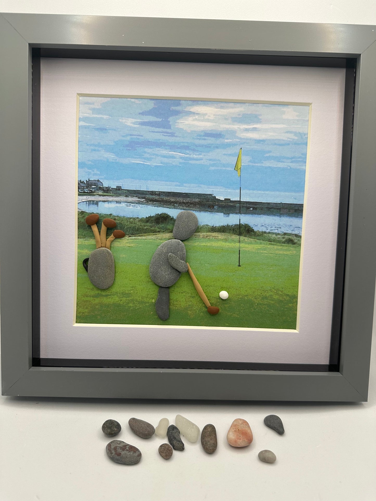golf pebble art, golfer, Rosehearty golf course, pebble art golf, Aberdeenshire golf, golf gift, pebble art, framed dad gift, framed golfer