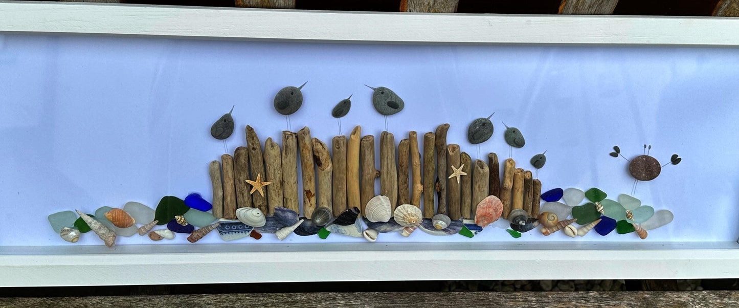 Extra Large Sea Bird Pebble Art with Sea Glass & Driftwood, pebble bird frame, bird pebble art, seagull art, bird art, handmade pebble art