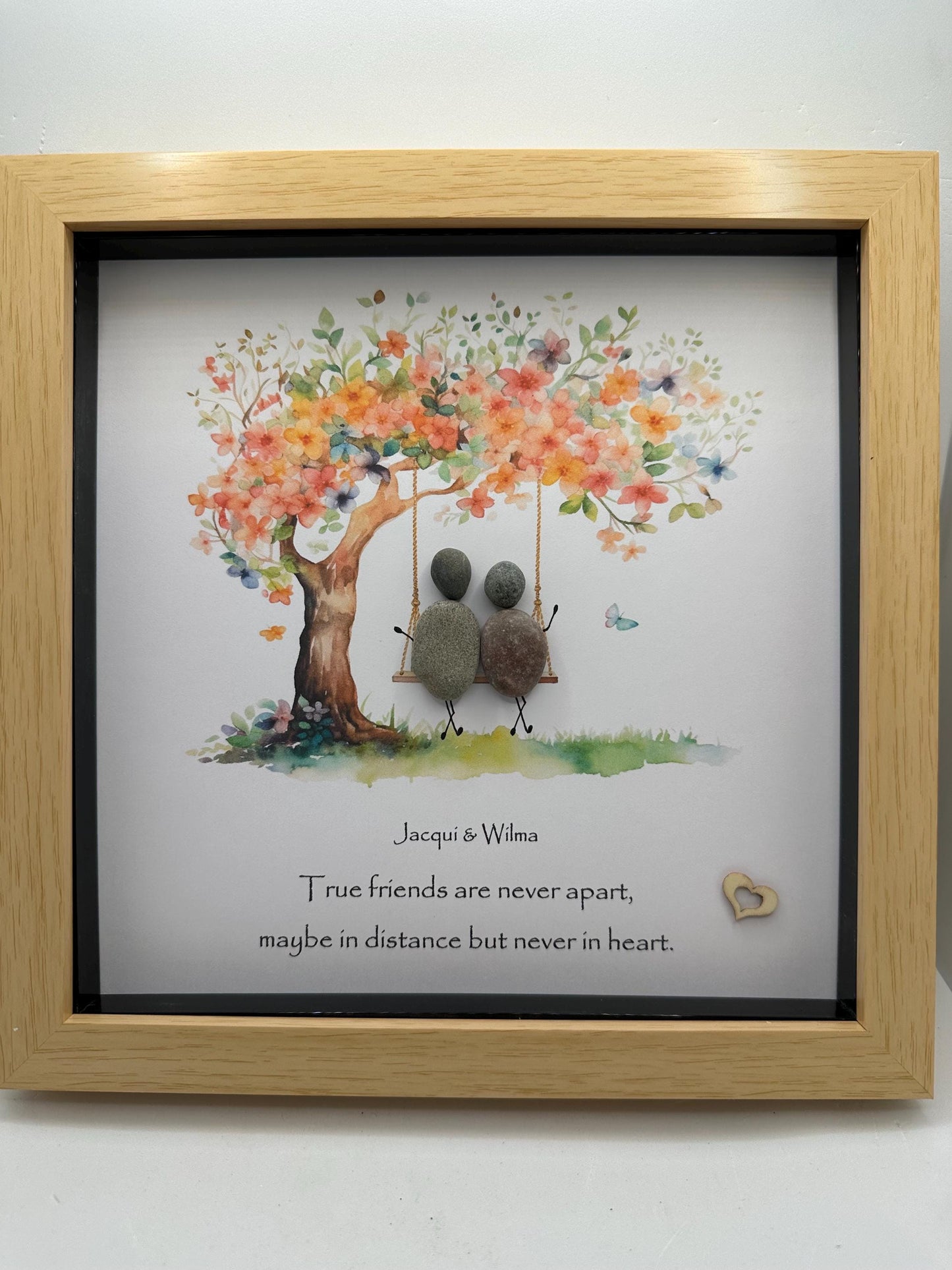 Personalised Friend Pebble Art - Friends on Swing - framed friend pebble art, pebble art friends, friends on swing, friend pebble art quote,