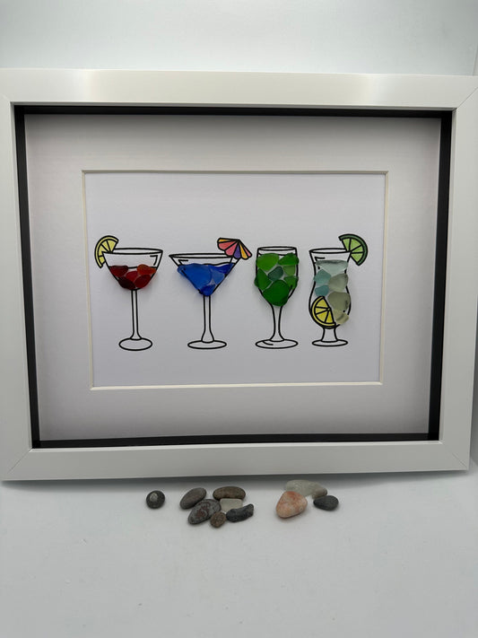 sea glass cocktails, sea glass art, cocktail time, sea glass, blue sea glass, man cave art
