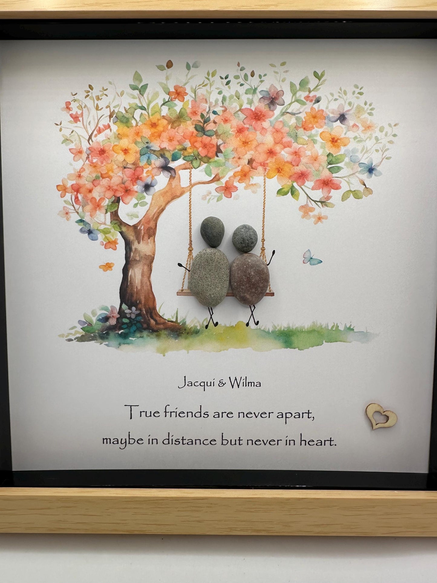 Personalised Friend Pebble Art - Friends on Swing - framed friend pebble art, pebble art friends, friends on swing, friend pebble art quote,