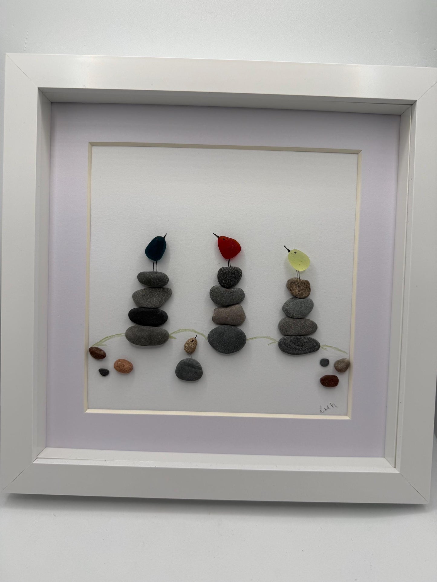 Seaglass Bird Pebble Art, Rare Red Teal Glass, Framed Scottish Coastal Art