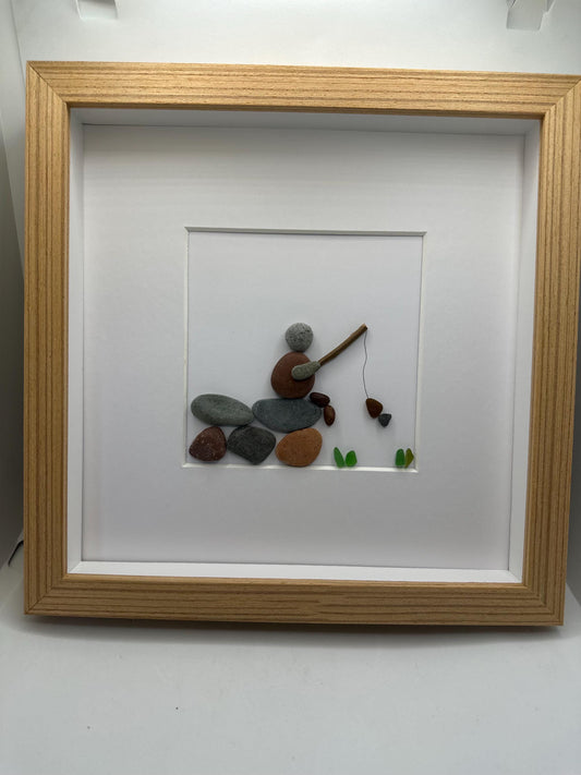 Fisherman Pebble Art, Wood Veneer Frame, Father's Day Gift, pebble art fisherman, fishing pebble art, pebble art, pebble art gift