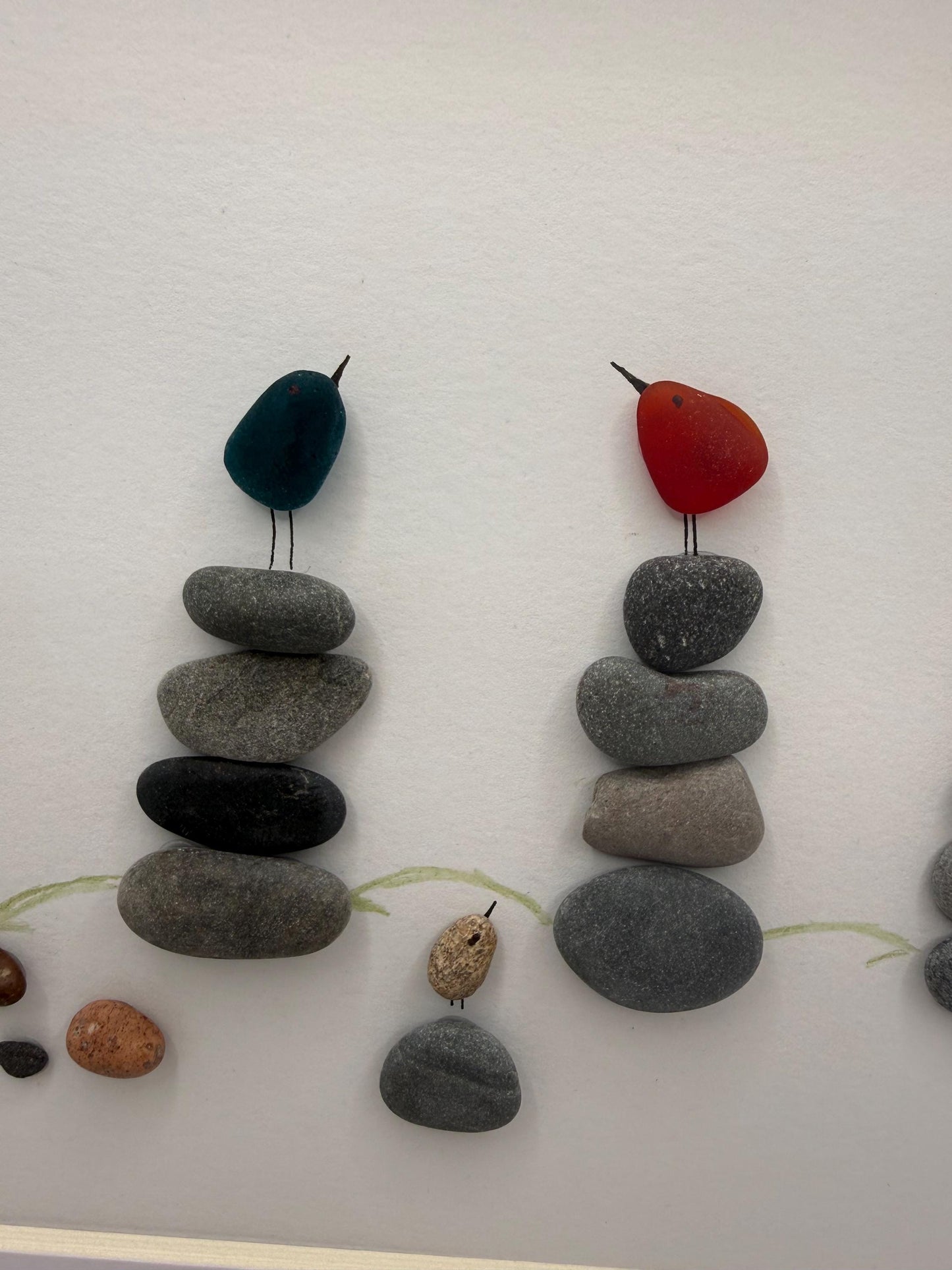 Seaglass Bird Pebble Art, Rare Red Teal Glass, Framed Scottish Coastal Art