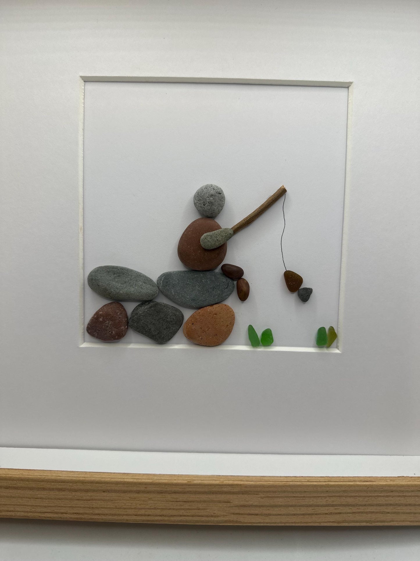 Fisherman Pebble Art, Wood Veneer Frame, Father's Day Gift, pebble art fisherman, fishing pebble art, pebble art, pebble art gift