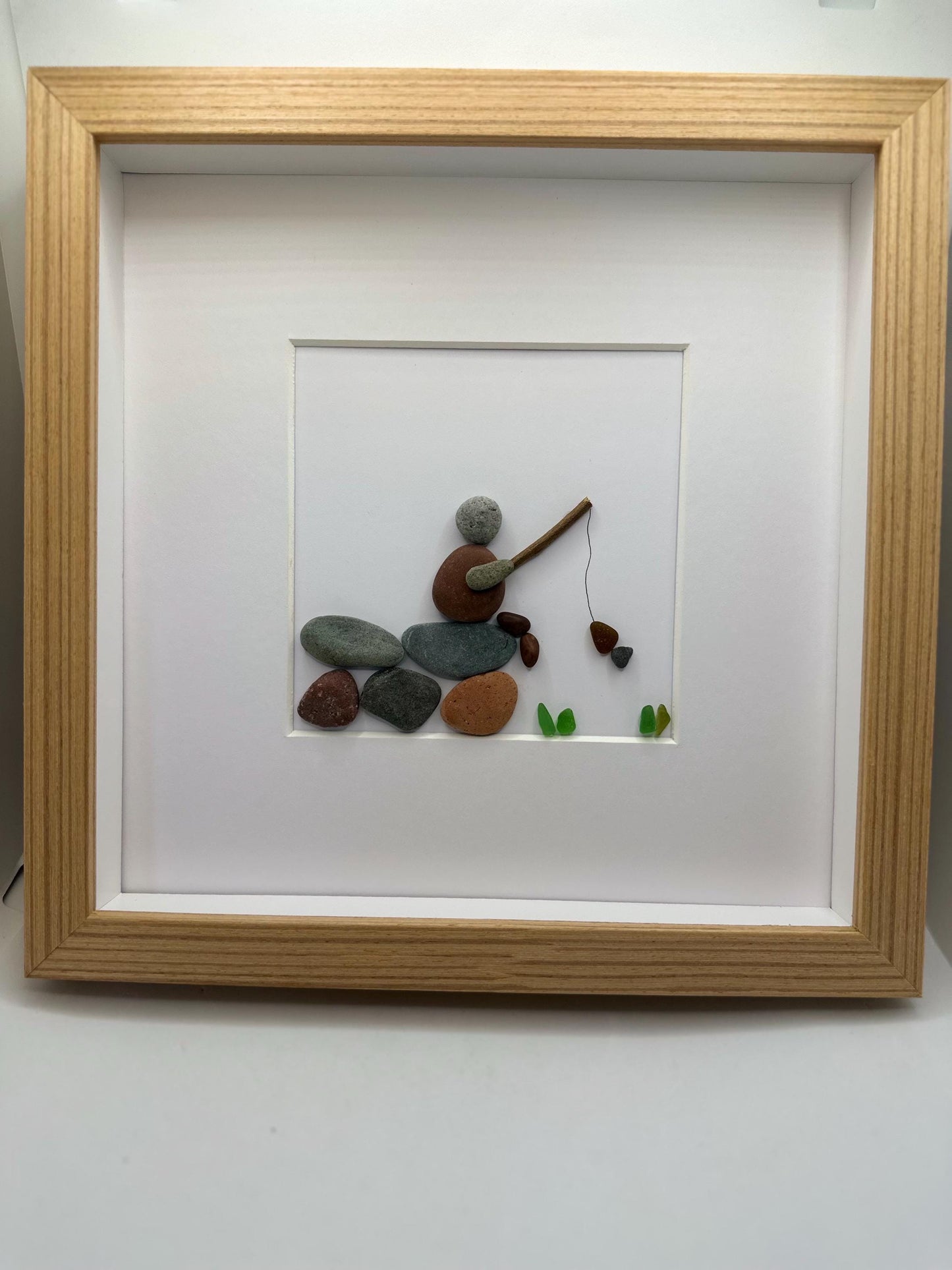 Fisherman Pebble Art, Wood Veneer Frame, Father's Day Gift, pebble art fisherman, fishing pebble art, pebble art, pebble art gift