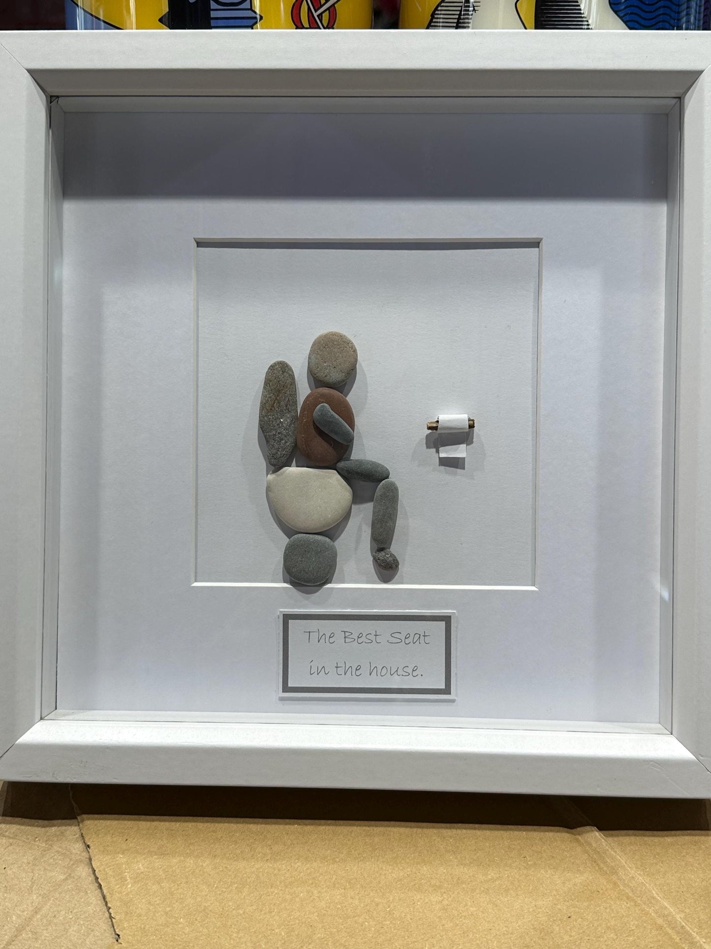 toilet pebble art, toilet quotes, bathroom art, pebble toilet, washroom fun, toilet art. framed pebble art
