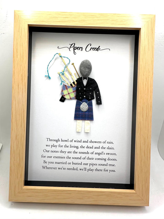 Scottish Piper Pebble Art: Kilted Bagpiper with Piper's Creed