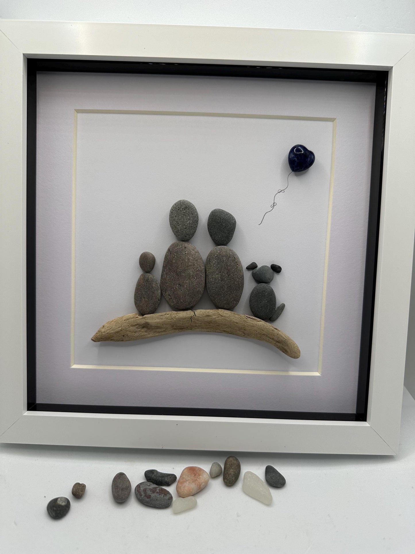 Pebble Art Family Portrait with dog, family of three pebble art, pebble art family, dog pebble art, family gift, family portrait, pebble art