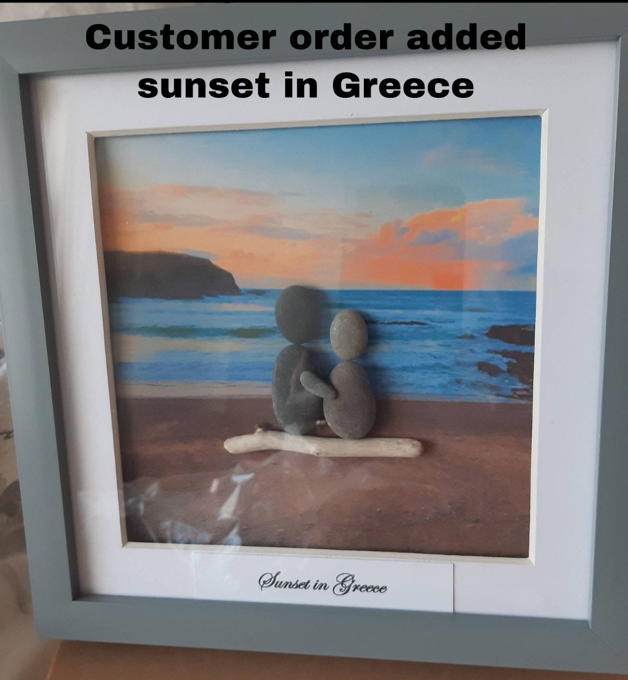 Millshore Beach Pebble Art: Sunset Couple pebble art, beach pebble art, sunset beach pebble art, pebble art, beach framed art