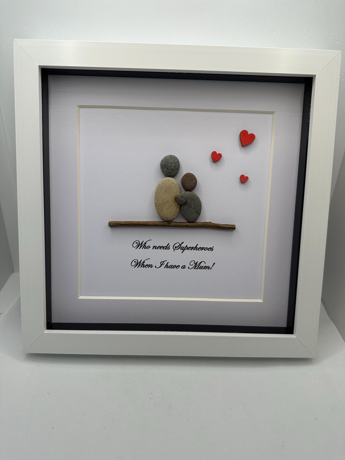 Mother & Child Pebble Art, Framed Family Gift, Mother’s Day gift, Mother’s Day pebble art, pebble art mum, superhero’s, pebble art, mum gift