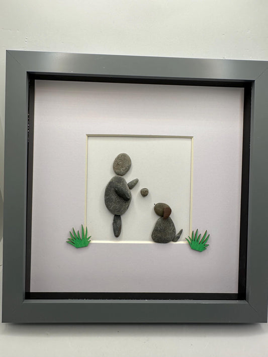 Dog pebble art, dog owner pebble art, pebble art, dog and man pebble art