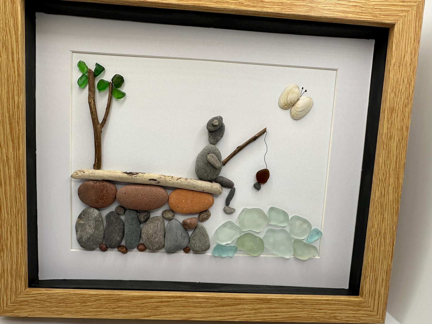 fishing pebble art, fisherman pebble art, gone fishing, pebble art, Father’s Day pebble art