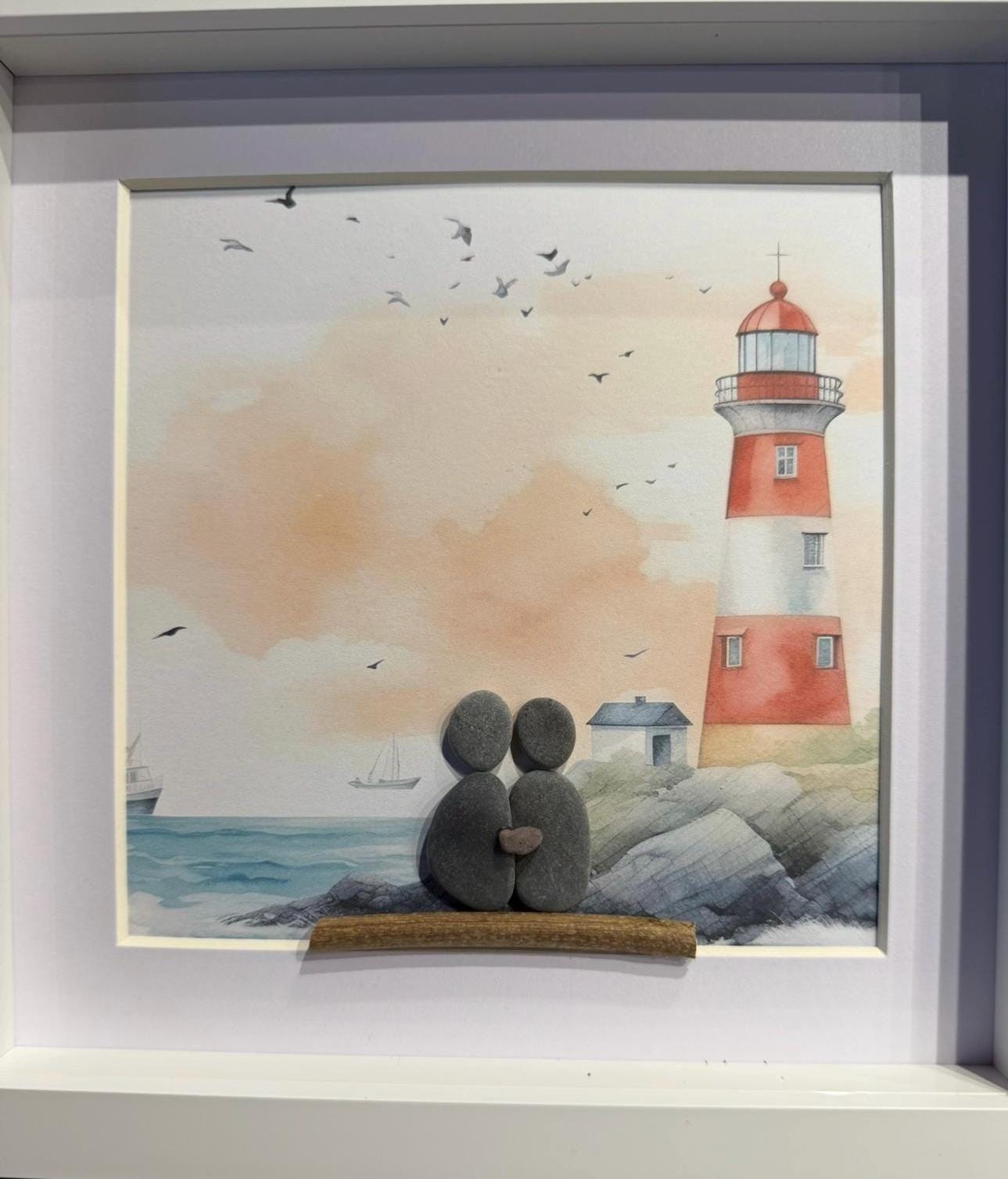 Lighthouse Pebble Art,Framed Coastal Decor, pebble art, lighthouse, lighthouse gift, pebble art lighthouse, couple pebble, lighthouse pebble