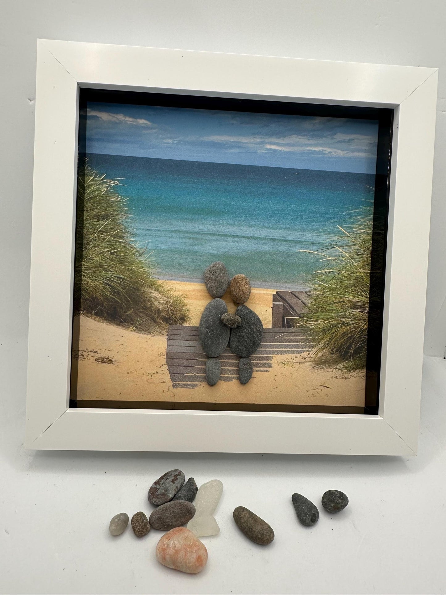 Pebble Art Beach Scene, Couple on Scottish Beach, 6x6 Framed, beach framed pebble art, beach couple. Pebble art beach. Pebble art, beach